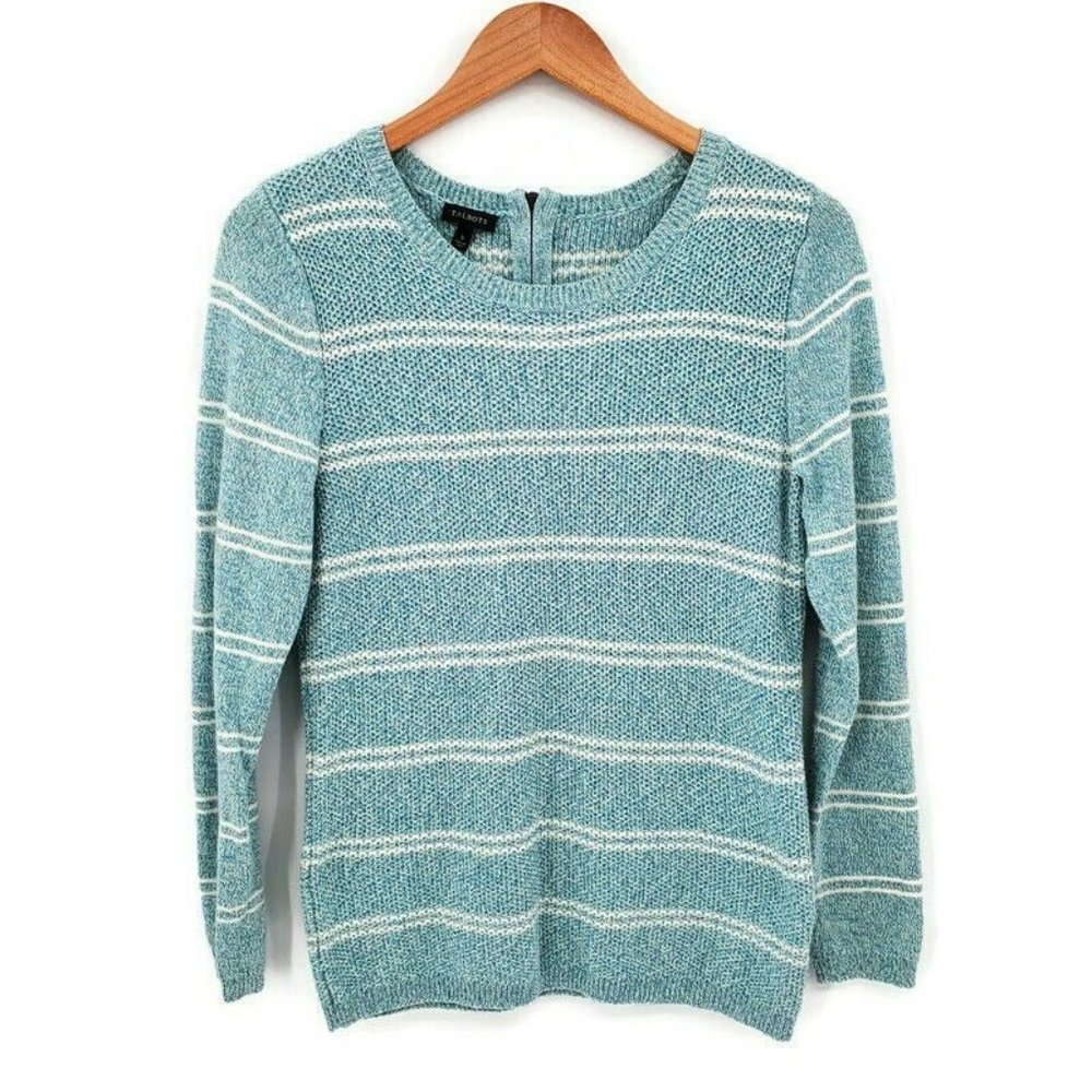 Talbots Womens Blue White Striped Pullover Sweater Sz S Waffle Knit Crew Neck
